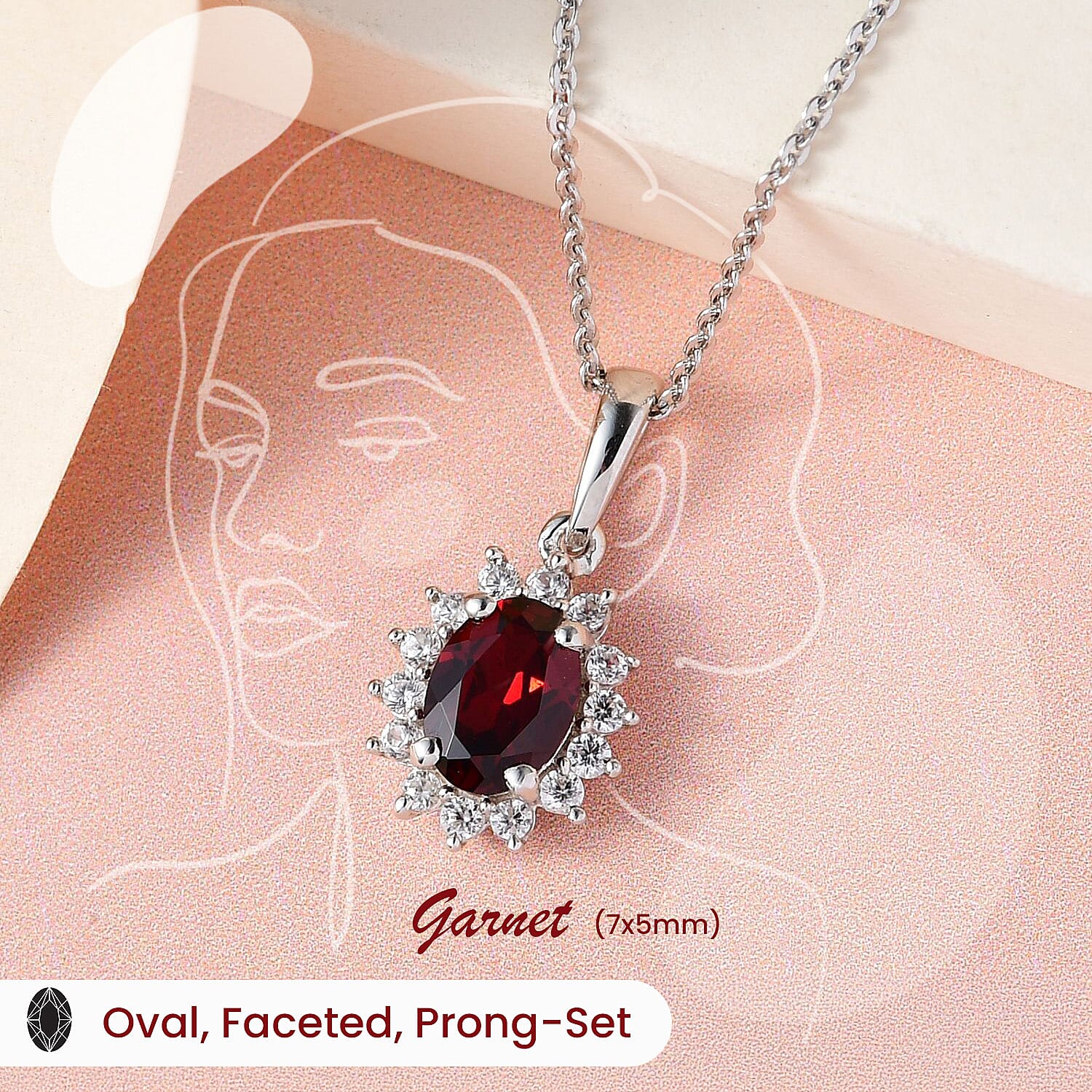 Red Garnet and Natural Cambodian Zircon Halo Pendant with Chain (Size 20) with Lobster Lock in Platinum Overlay Sterling Silver 1.188 Ct.